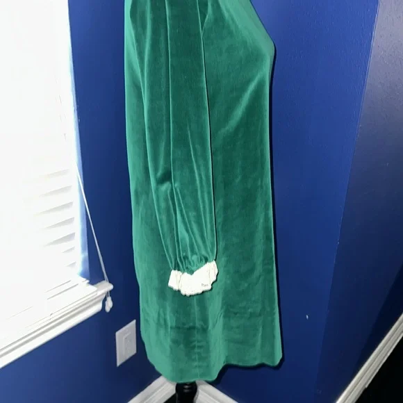 FINAL SALE Vintage 1960s Green Velvet Dress with Cream Lace – Size Small - Picture 6 of 9
